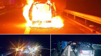 Incendiu pe autostrada A1 îngreunează circulația, o șoferiță se salvează