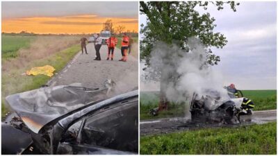 Tragedie în Timiș! Un tânăr și-a pierdut viața după ce mașina i-a luat foc în urma unui impact teribil!
