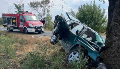 Accident rutier pe strada Vasile Lupu din Pitești! Un autoturism a intrat într-un pom, pompierii și SMURD-ul intervin