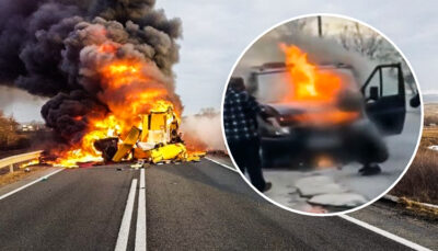 Flăcările au mistuit o autoplatformă nouă pe DN6! O intervenție de salvare rapidă, dar lipsită de rezultat!