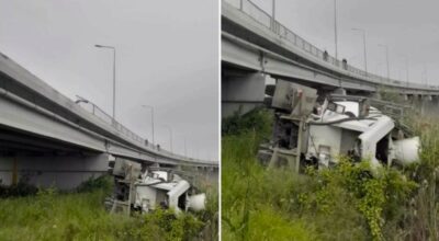 Accident grav la intrarea în portul Constanța! Betonieră răsturnată, șoferul transportat cu elicopterul SMURD!