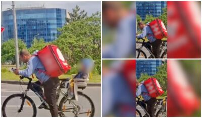 Emoționant! Tată livrator Tazz, surprins cu copilul adormit pe bicicletă în trafic! Ce au spus internauții după ce au văzut imaginea!