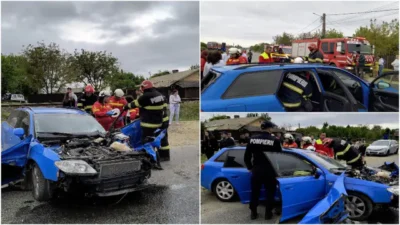 Șoferiță de 22 de ani, lovită în plin de tren la o trecere nesemaforizată! A scăpat cu viață, dar a rămas blocată în mașină!