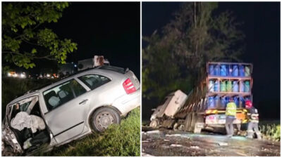 Pericol imens! Autoutilitară încărcată cu butelii implicată într-un accident grav!