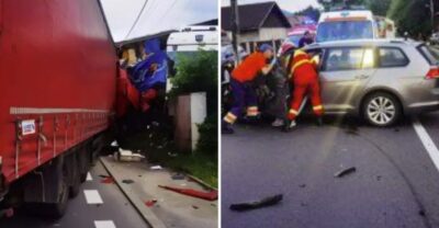 Accident grav pe DN7! Două TIR-uri și un autoturism făcute zob! Trafic blocat ore bune!