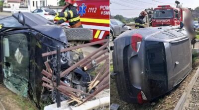 BMW făcut zob după ce s-a izbit violent de un cap de pod! Șoferul a scăpat ca prin minune!
