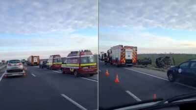 Accident grav pe autostrada A1! Mașină răsturnată la km 54, trafic blocat și echipaje de intervenție la fața locului!