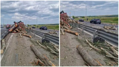Accident grav pe autostrada A1! Camion încărcat cu lemne s-a răsturnat, traficul blocat în zona Pianu!