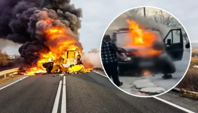 Accident grav pe DN1 București–Ploiești! Mașină în flăcări după impact, șoferul încarcerat!