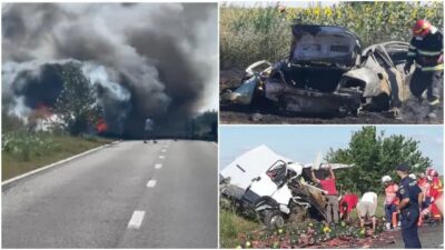 Imagini șocante! Doi morți pe loc după un accident violent pe DN 54! Mașină cuprinsă de flăcări după impact!