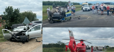 Accident grav! Autospecială de poliție răsturnată, trei răniți transportați la spital