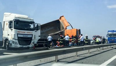 Accident grav pe A1: Impact între basculante, autocamion și autoutilitară, doi răniți