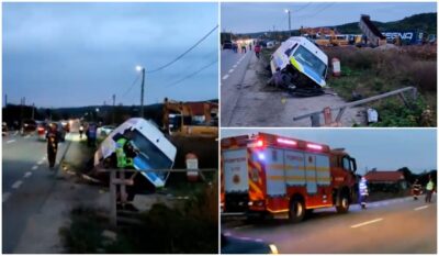 IMAGINI ȘOCANTE! Mașina Poliției, făcută praf pe DN 66! Un polițist, la un pas de moarte!