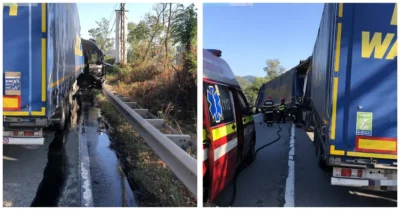 ȘOC! Două TIR-uri s-au ciocnit violent pe DN6, iar două persoane au ajuns de urgență la spital!