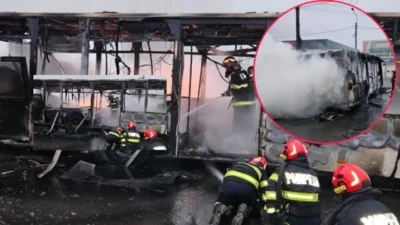INCENDIU DEVASTATOR! Autobuz plin cu muncitori mistuit de flăcări – Pompierii în luptă pentru vieți!