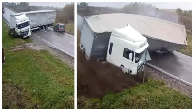 VIDEO. N-au avut nicio șansă! Momentul în care TIR-ul scapă de sub control și îi spulberă. Imagini de coșmar