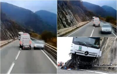 Momentul în care o șoferiță se izbește violent de un TIR în Mehedinți, cu cei doi copii în mașină!