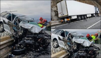 Accident de GROAZĂ pe DN6! O mamă și copilașii ei, izbiți de un TIR – femeia a rămas încarcerată!