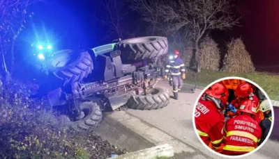 Noapte de COȘMAR! Un tractor s-a răsturnat, trei bărbați duși de urgență la spital