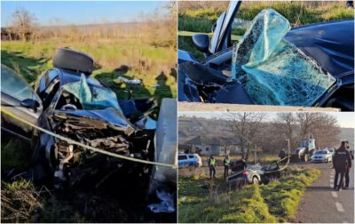 Urmărire ca în filme pe șoselele din România. Mașina plină cu oameni s-a făcut praf într-un cap de pod