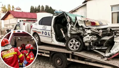 Accident violent cu o mașină de poliție în misiune. Ce s-a întâmplat cu agenții după impactul devastator din intersecție