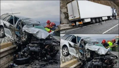 IMAGINI DE COȘMAR!  O mașină, SPULBERATĂ de un TIR în câteva secunde!  Este o MINUNE că ocupanții au scăpat cu viață!