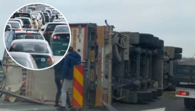ACUM PE AUTOSTRADĂ!  Trafic PARALIZAT, un mastodont s-a răsturnat – șoferii sunt blocați pe kilometri întregi!