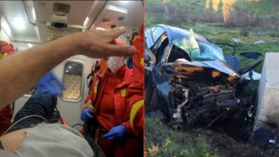 Mașină zdrobită de un cap de pod lângă Deleni: șase oameni duși de urgență la spital!