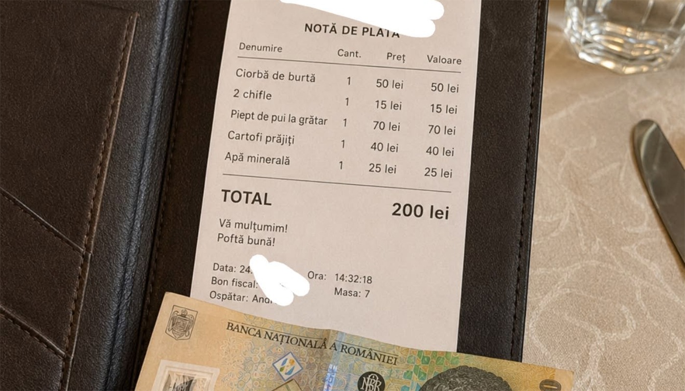 A plătit 200 de lei la restaurant și a lăsat doar 5 lei bacșiș. Gestul care a aprins spiritele pe internet