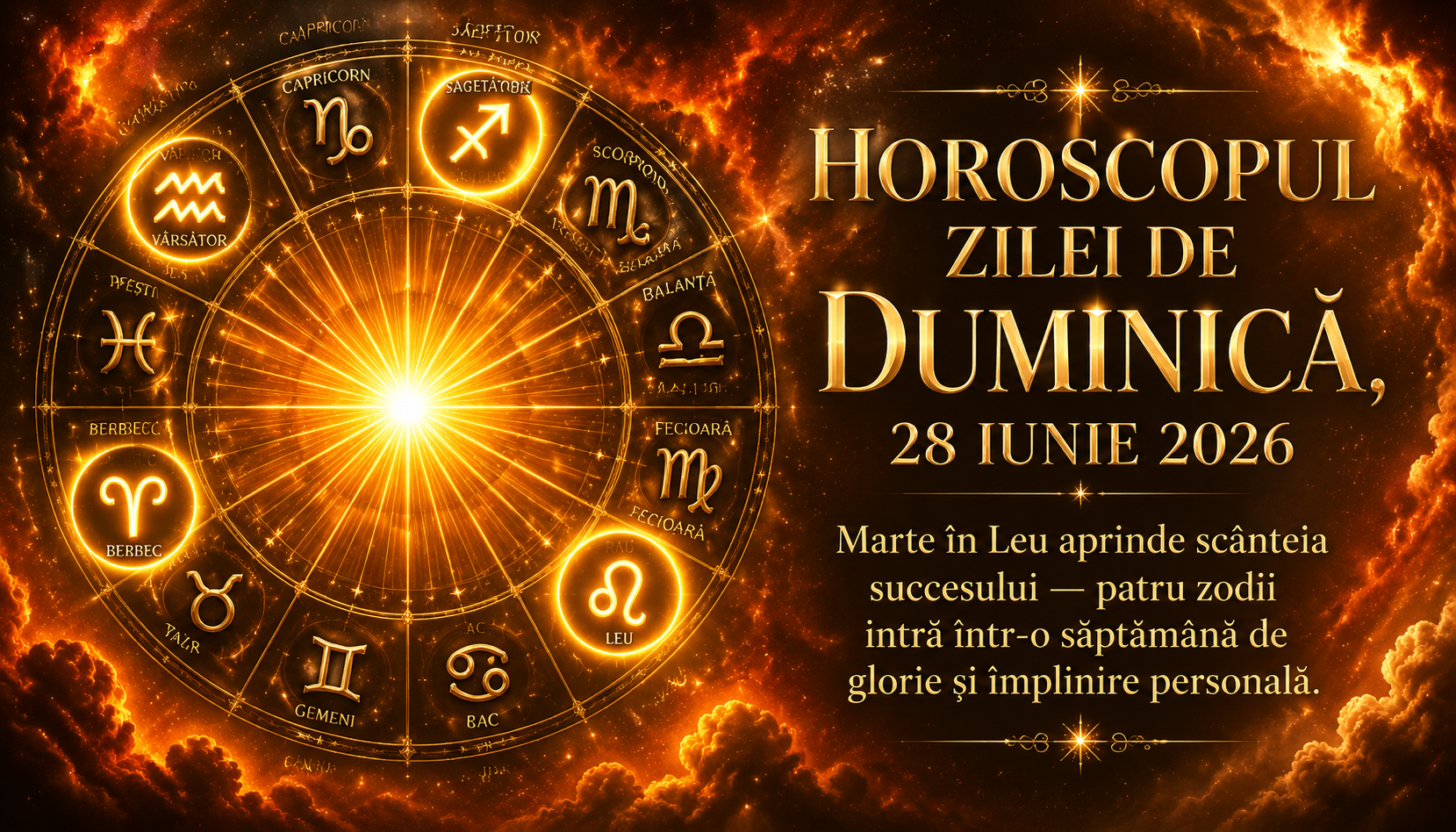 Horoscopul zilei de Duminică, 28 iunie 2026. Marte în Leu aprinde scânteia succesului — patru zodii intră într-o săptămână de glorie și împlinire personală