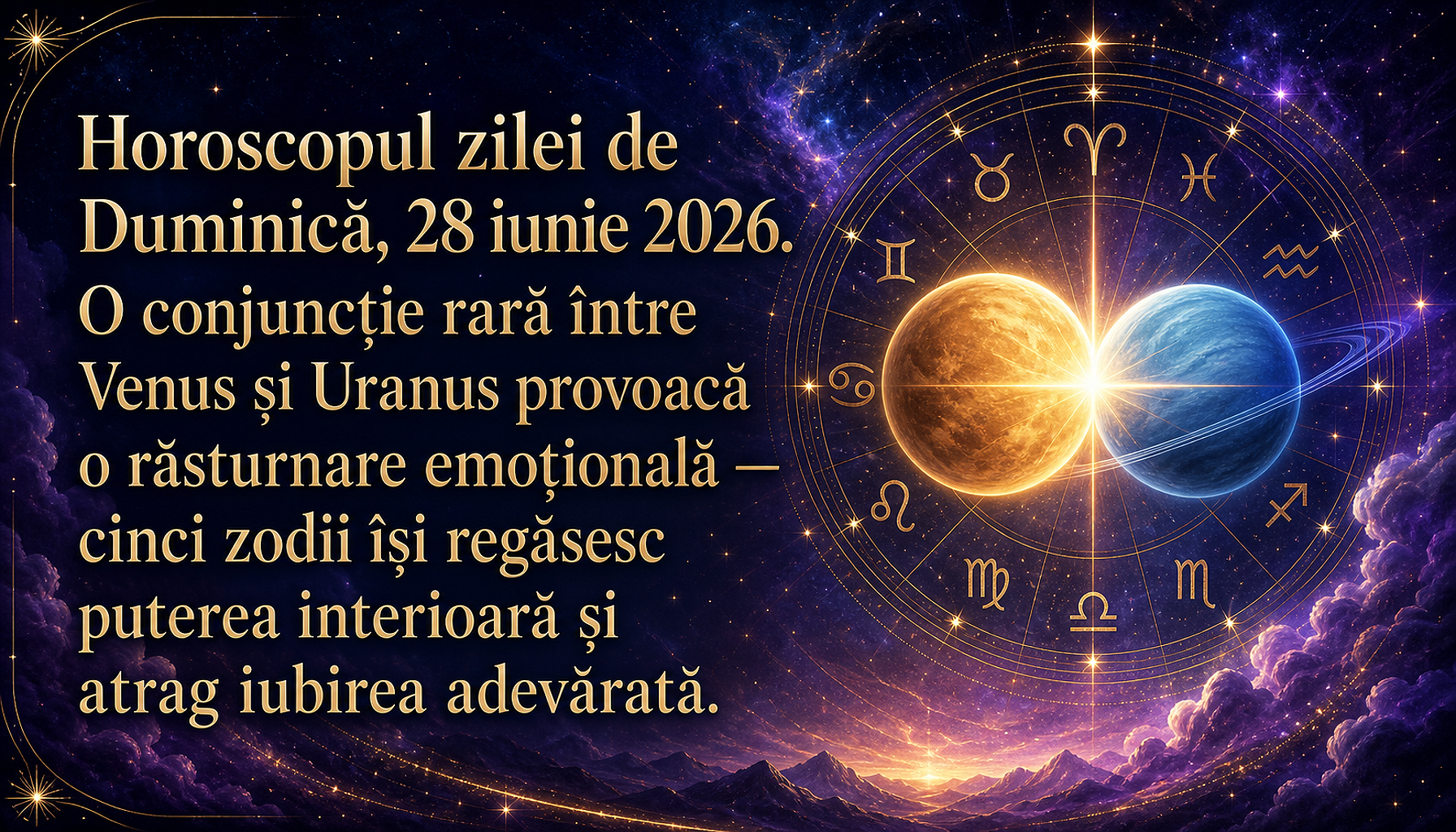 Horoscopul zilei de Duminică, 28 iunie 2026. O conjuncție rară între Venus și Uranus provoacă o răsturnare emoțională — cinci zodii își regăsesc puterea interioară și atrag iubirea adevărată