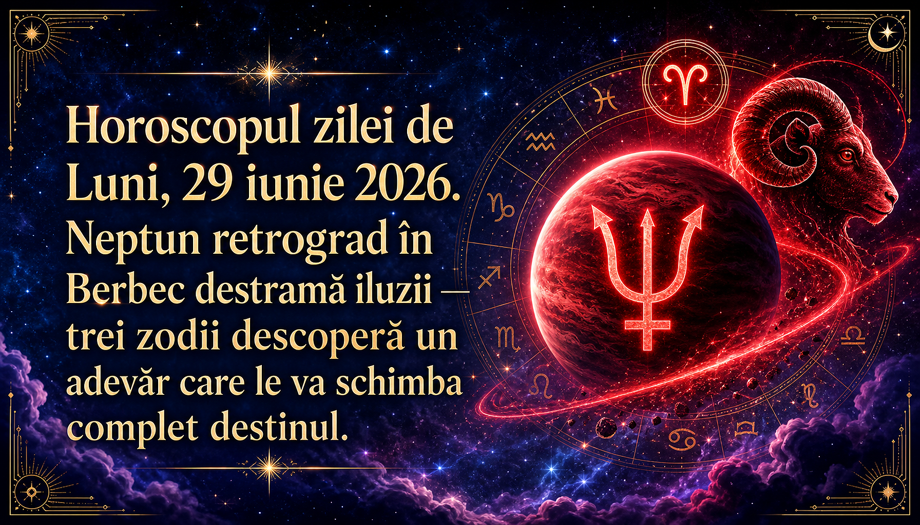 Horoscopul zilei de Luni, 29 iunie 2026. Neptun retrograd în Berbec destramă iluzii — trei zodii descoperă un adevăr care le va schimba complet destinul
