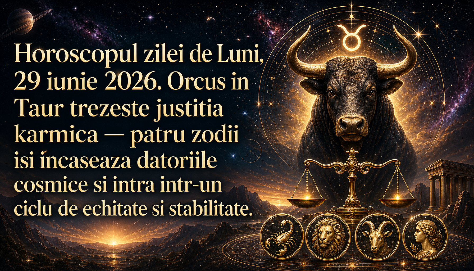 Horoscopul zilei de Luni, 29 iunie 2026. Orcus in Taur trezeste justitia karmica — patru zodii isi incaseaza datoriile cosmice si intra intr-un ciclu de echitate si stabilitate