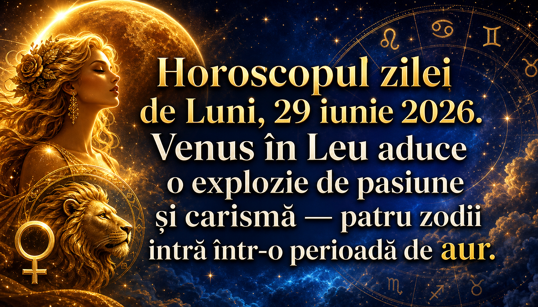 Horoscopul zilei de Luni, 29 iunie 2026. Venus în Leu aduce o explozie de pasiune și carismă — patru zodii intră într-o perioadă de aur și atrag iubirea, banii și admirația fără efort