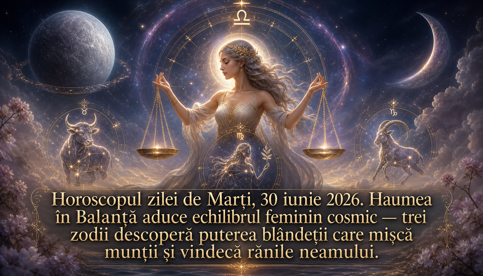 Horoscopul zilei de Marți, 30 iunie 2026. Haumea în Balanță aduce echilibrul feminin cosmic — trei zodii descoperă puterea blândeții care mișcă munții și vindecă rănile neamului