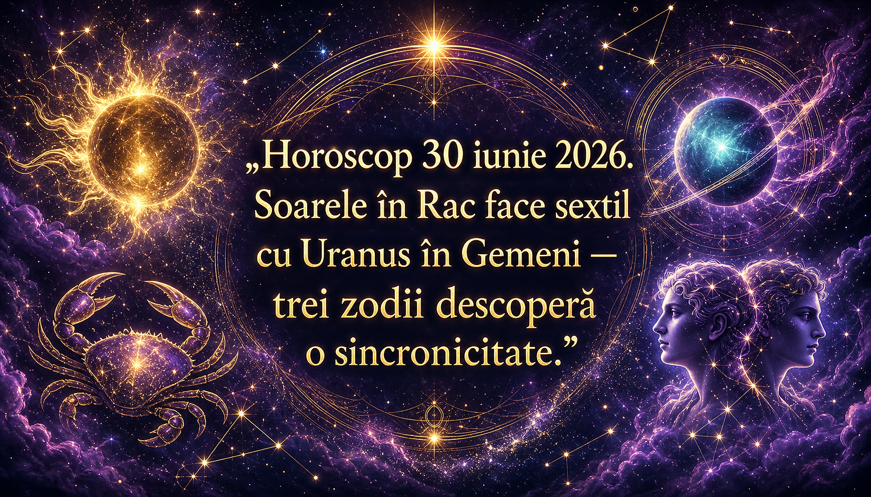 Horoscopul zilei de Marți, 30 iunie 2026. Soarele în Rac face sextil cu Uranus în Gemeni — trei zodii descoperă o sincronicitate care le va rescrie destinul