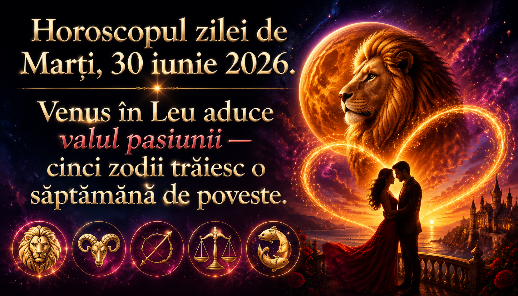 Horoscopul zilei de Marți, 30 iunie 2026. Venus în Leu aduce valul pasiunii — cinci zodii trăiesc o săptămână de poveste