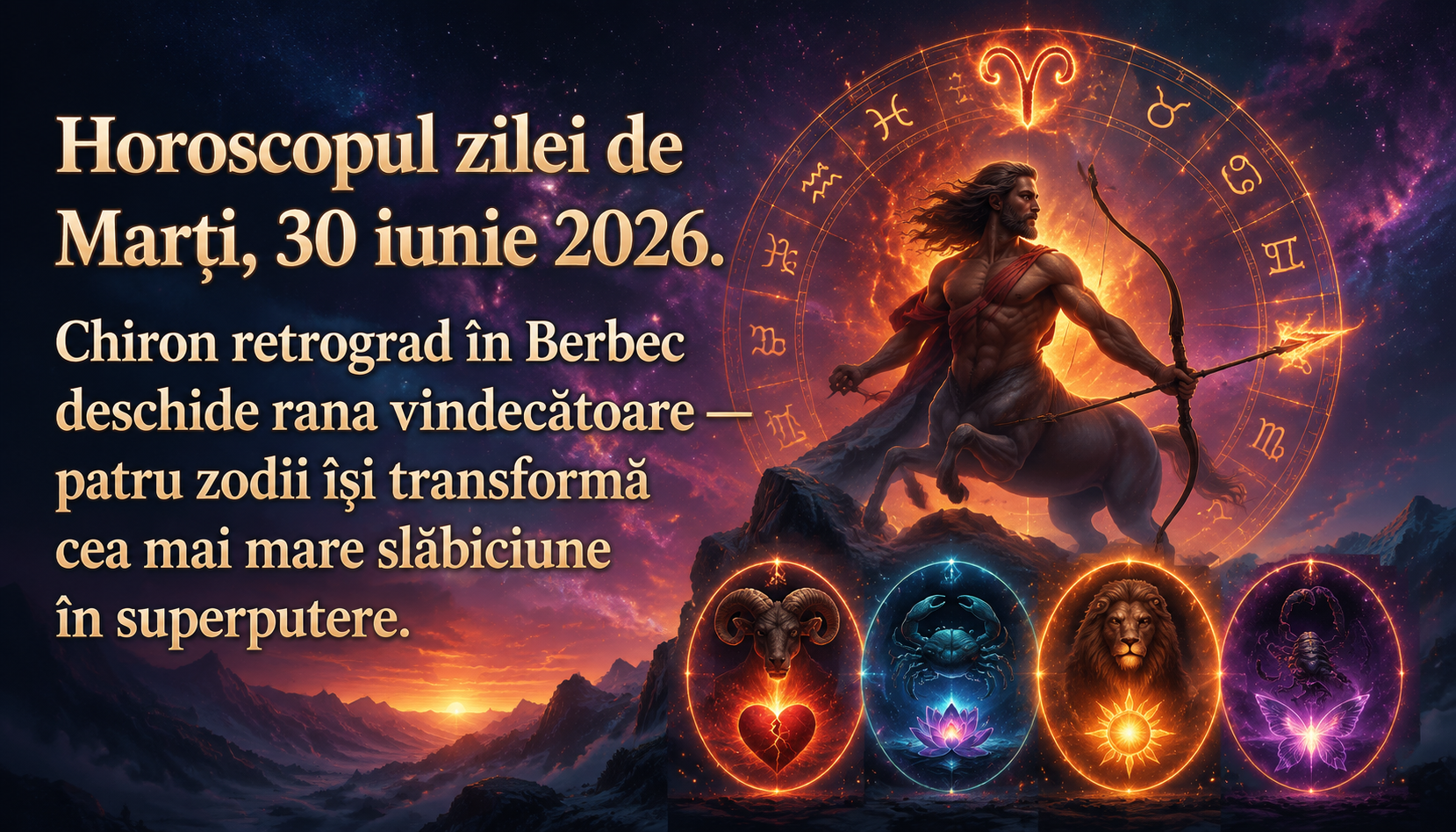 Horoscopul zilei de Marți, 30 iunie 2026. Chiron retrograd în Berbec deschide rana vindecătoare — patru zodii își transformă cea mai mare slăbiciune în superputere