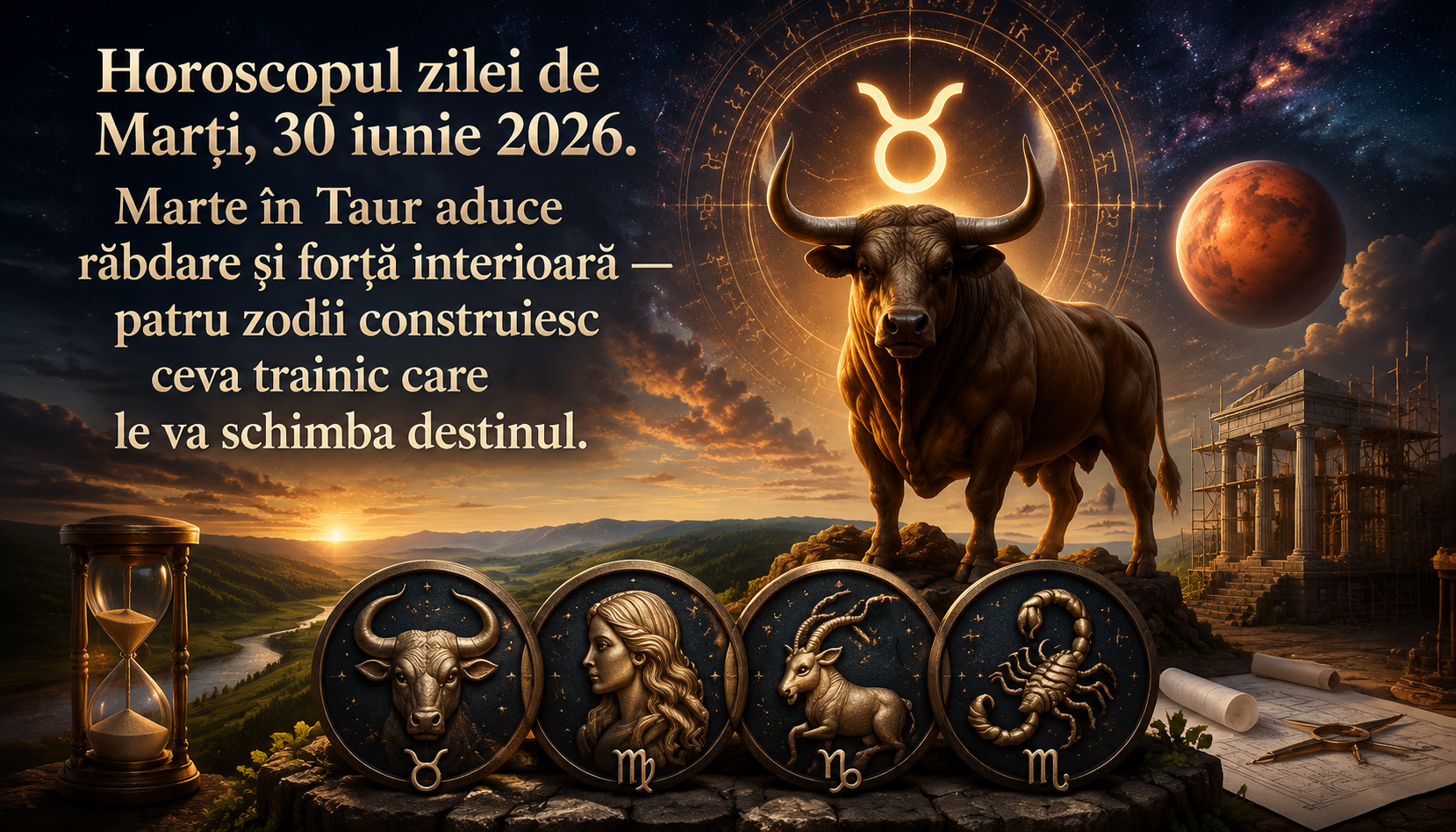 Horoscopul zilei de Marți, 30 iunie 2026. Marte în Taur aduce răbdare și forță interioară — patru zodii construiesc ceva trainic care le va schimba destinul