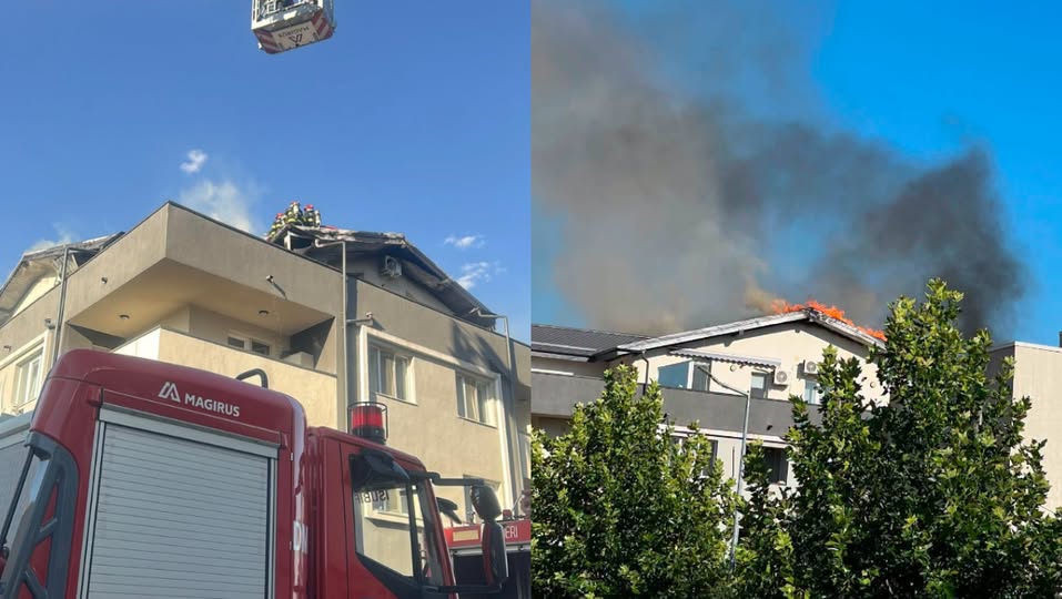 Panică totală în Popești-Leordeni! Mansarda unui bloc a luat foc, flăcările se văd de la kilometri distanță
