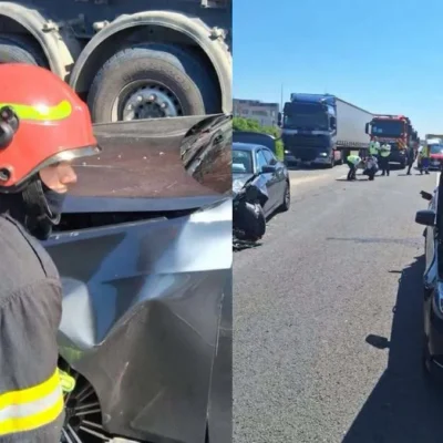 Accident grav pe autostrada A1. Două persoane au fost rănite după impactul dintre două mașini și un autocamion