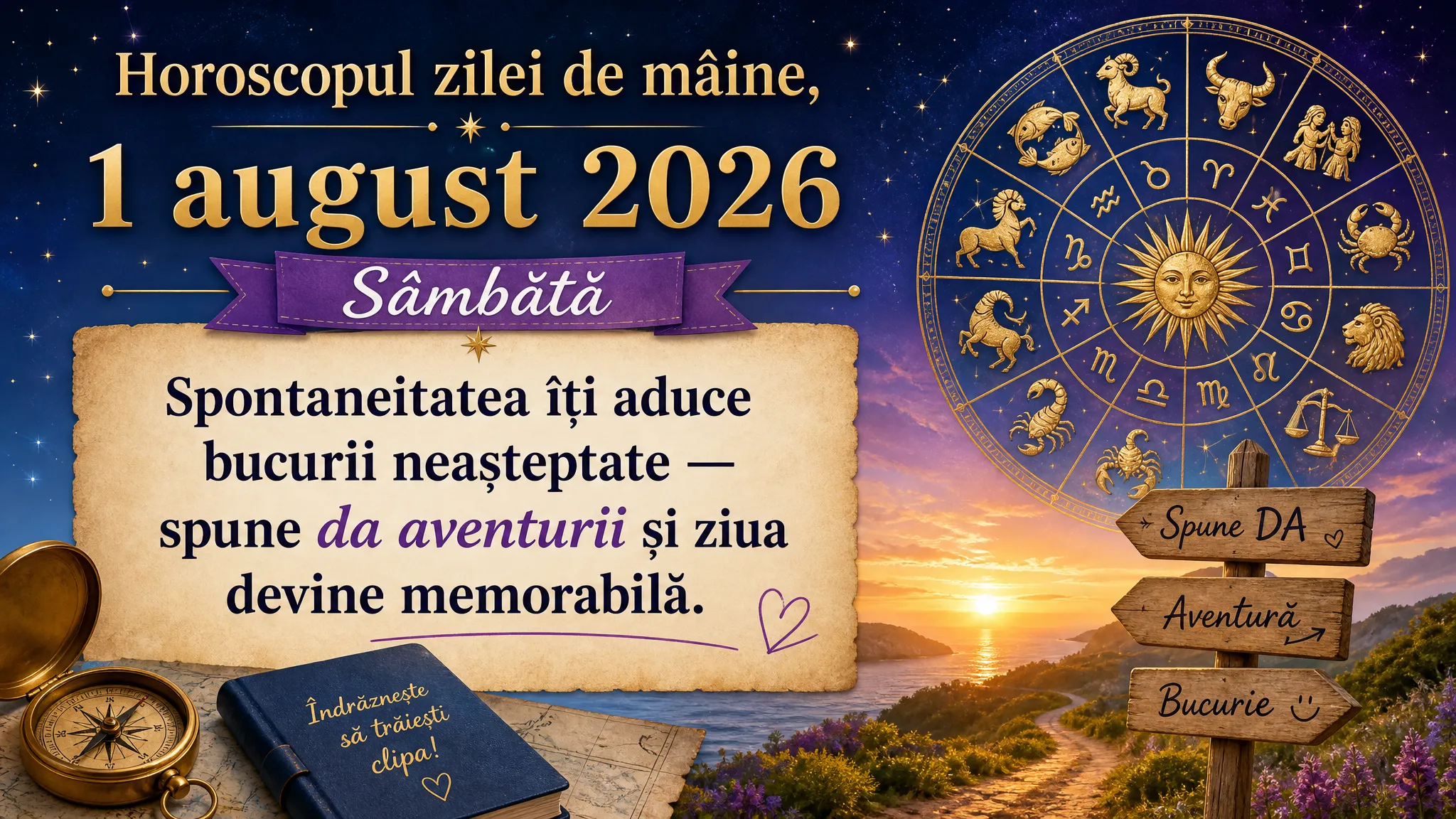 Horoscopul zilei de mâine, 1 august 2026. Sâmbătă, spontaneitatea îți aduce bucurii neașteptate — spune da aventurii și ziua devine memorabilă
