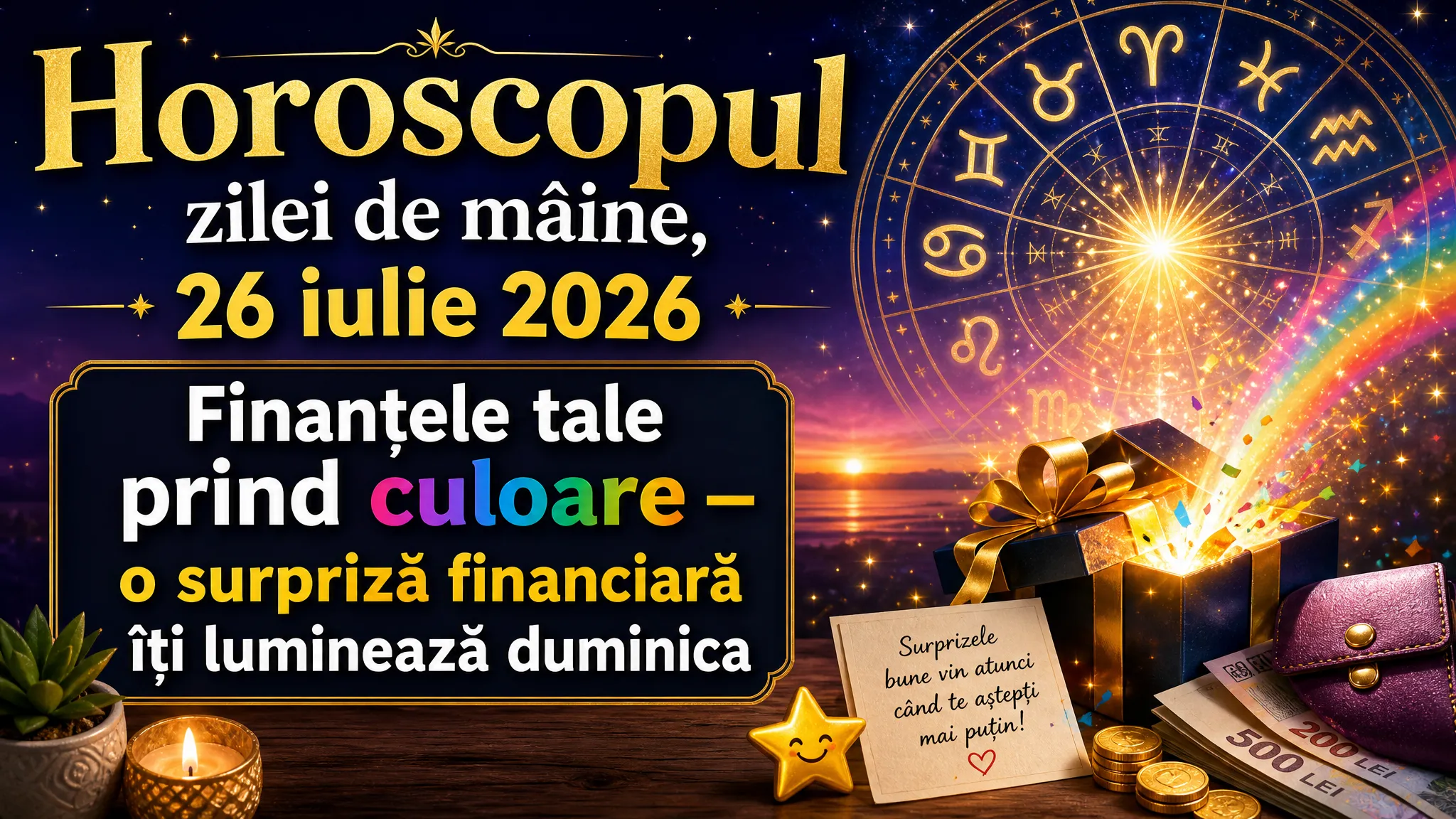Horoscopul zilei de mâine, 26 iulie 2026. Finanțele tale prind culoare — o surpriză financiară îți luminează duminica