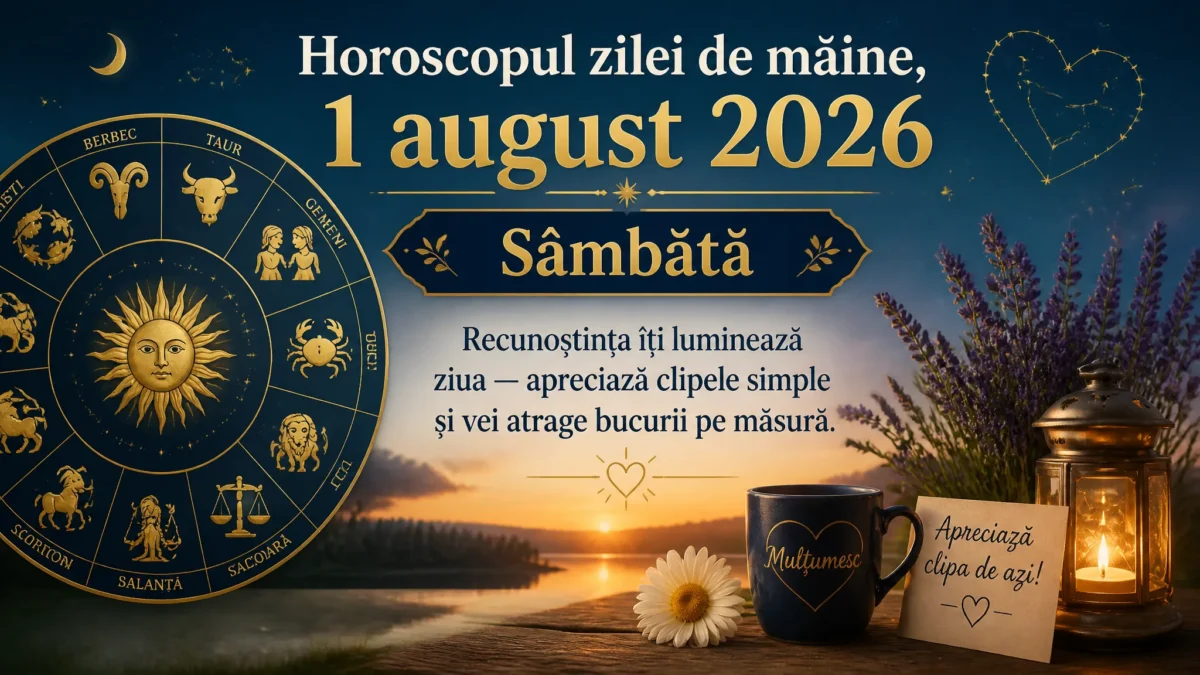 Horoscopul zilei de mâine, 1 august 2026. Sâmbătă, recunoștința îți luminează ziua — apreciază clipele simple și vei atrage bucurii pe măsură