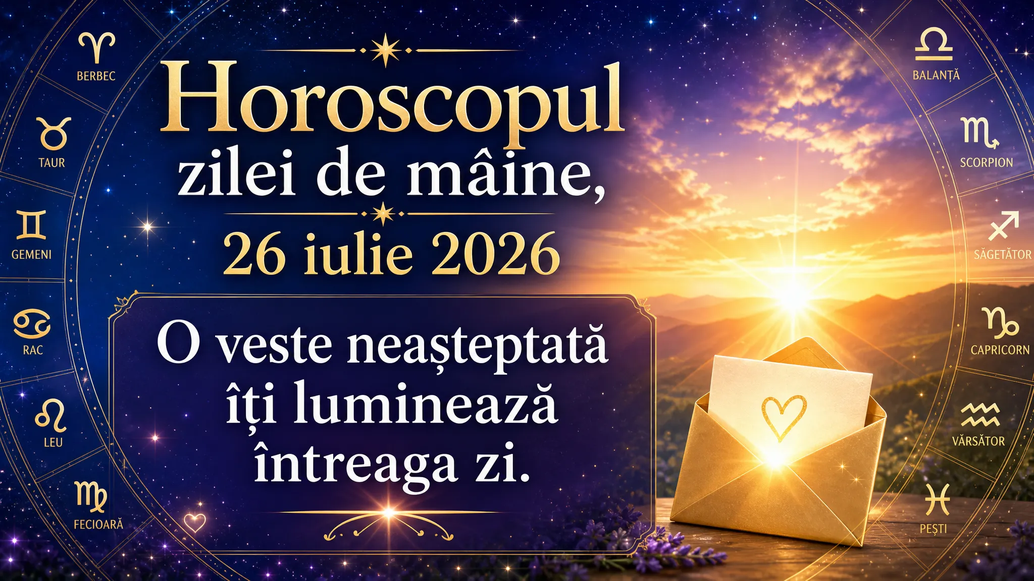 Horoscopul zilei de mâine, 26 iulie 2026. O veste neașteptată îți luminează întreaga zi