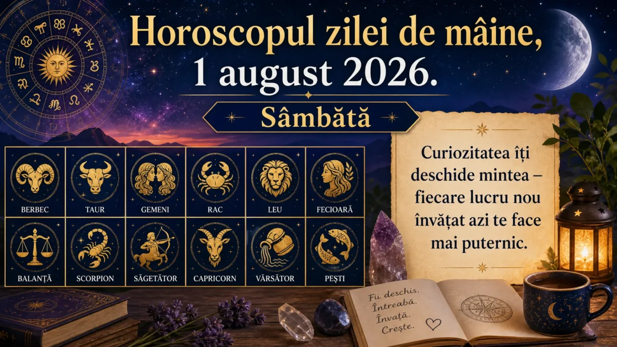 Horoscopul zilei de mâine, 1 august 2026. Sâmbătă, curiozitatea îți deschide mintea — fiecare lucru nou învățat azi te face mai puternic