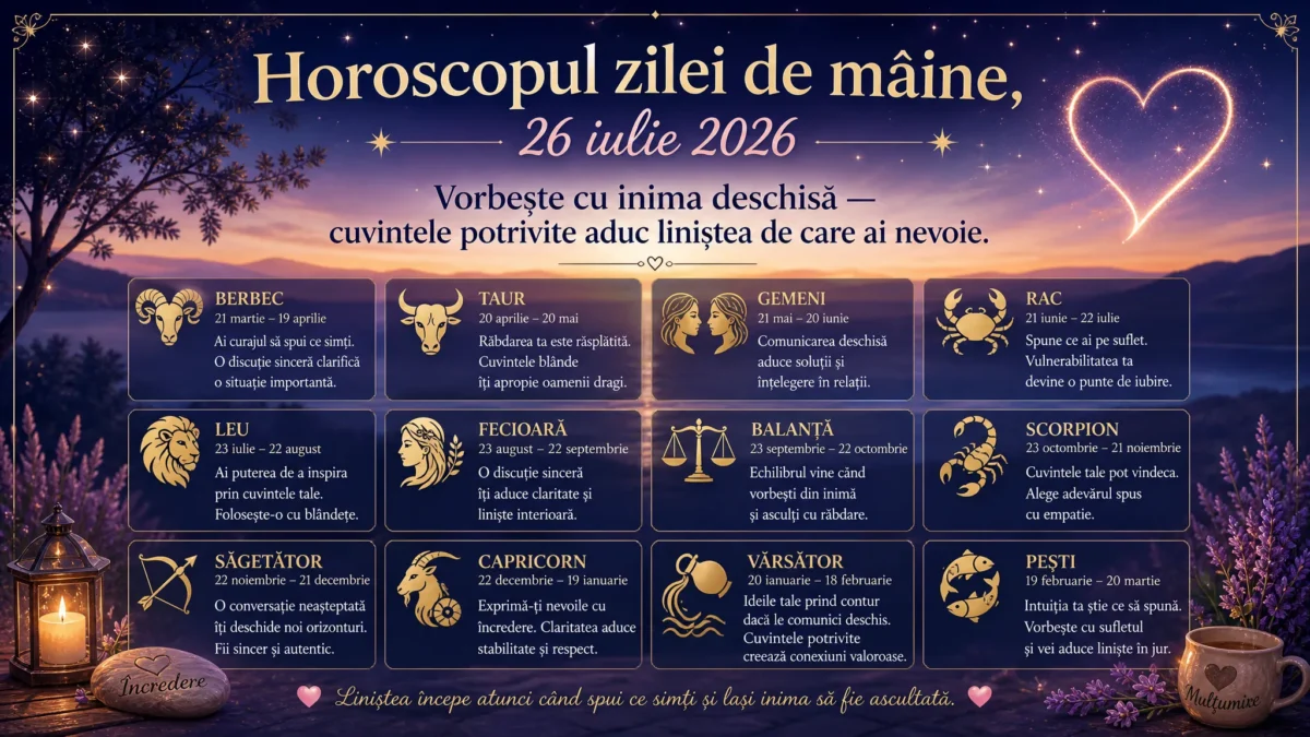 Horoscopul zilei de mâine, 26 iulie 2026. Vorbește cu inima deschisă — cuvintele potrivite aduc liniștea de care ai nevoie