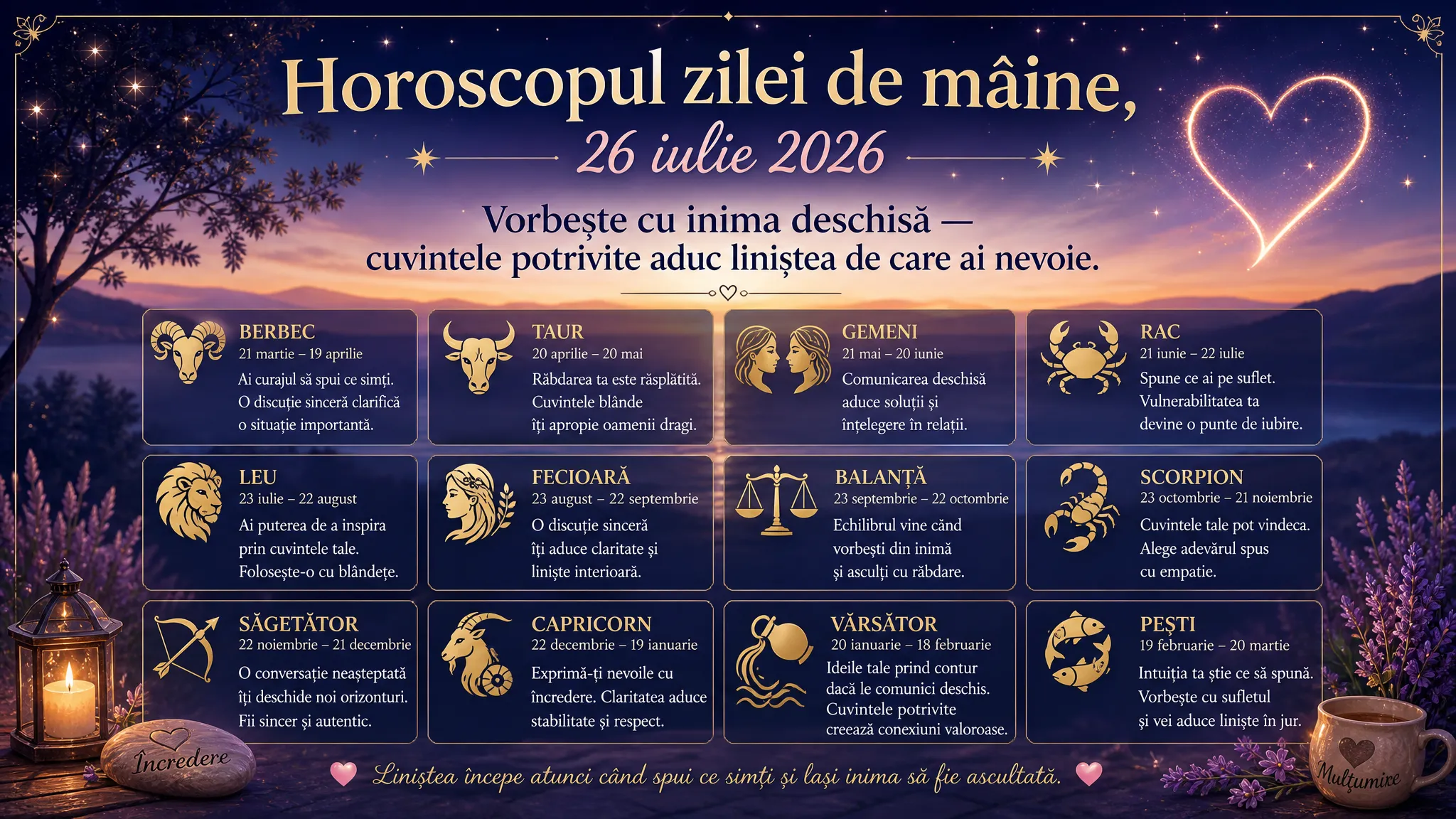 Horoscopul zilei de mâine, 26 iulie 2026. Vorbește cu inima deschisă — cuvintele potrivite aduc liniștea de care ai nevoie