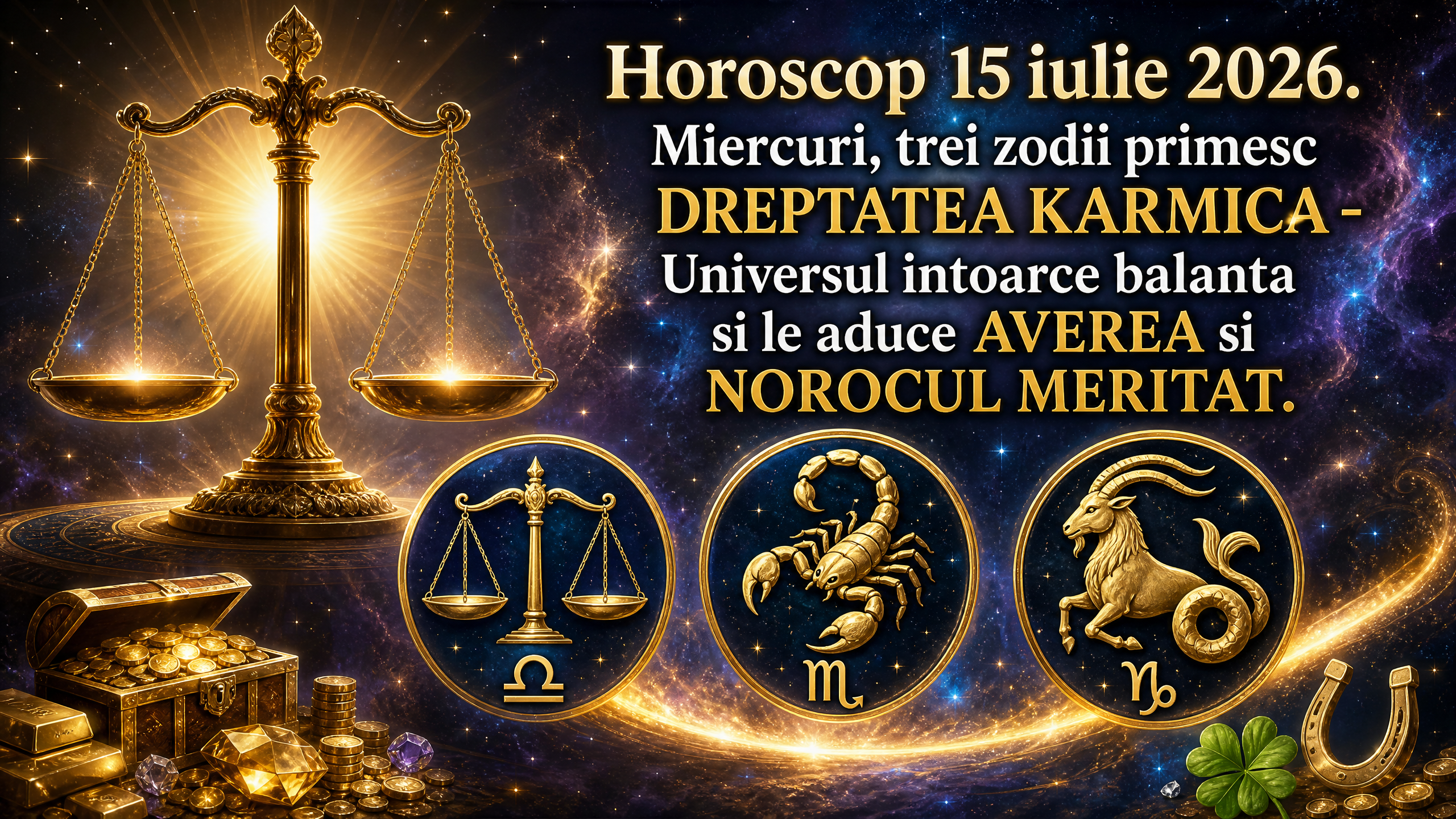 Horoscop 15 iulie 2026. Miercuri, trei zodii primesc DREPTATEA KARMICA – Universul intoarce balanta si le aduce AVEREA si NOROCUL MERITAT