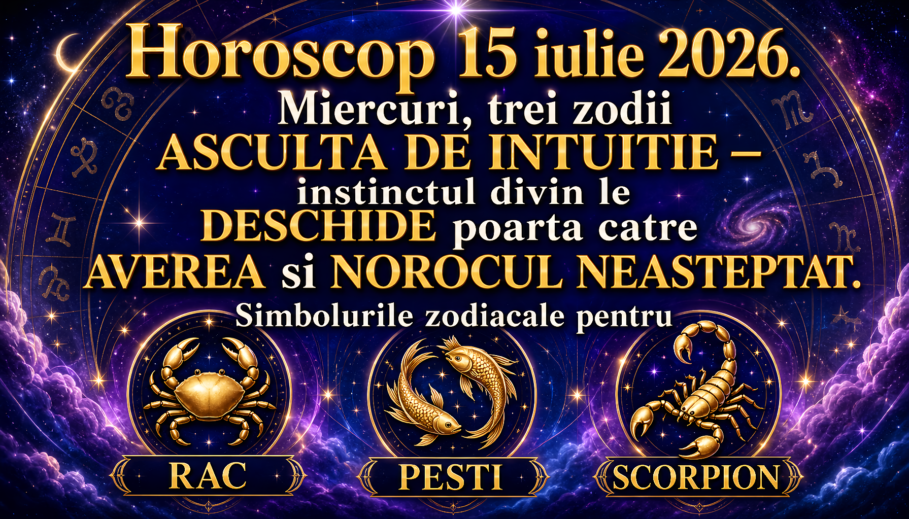 Horoscop 15 iulie 2026. Miercuri, trei zodii ASCULTA DE INTUITIE – instinctul divin le DESCHIDE poarta catre AVEREA si NOROCUL NEASTEPTAT